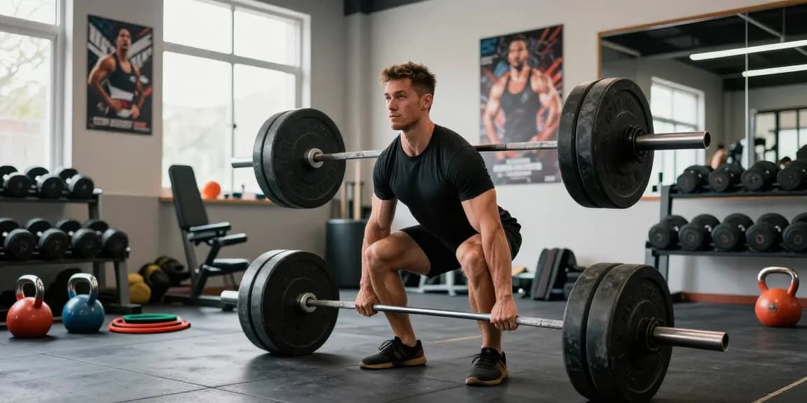 Bodybuilder beim Training im Steroidshop mit Gewichten und motivierender Atmosphäre