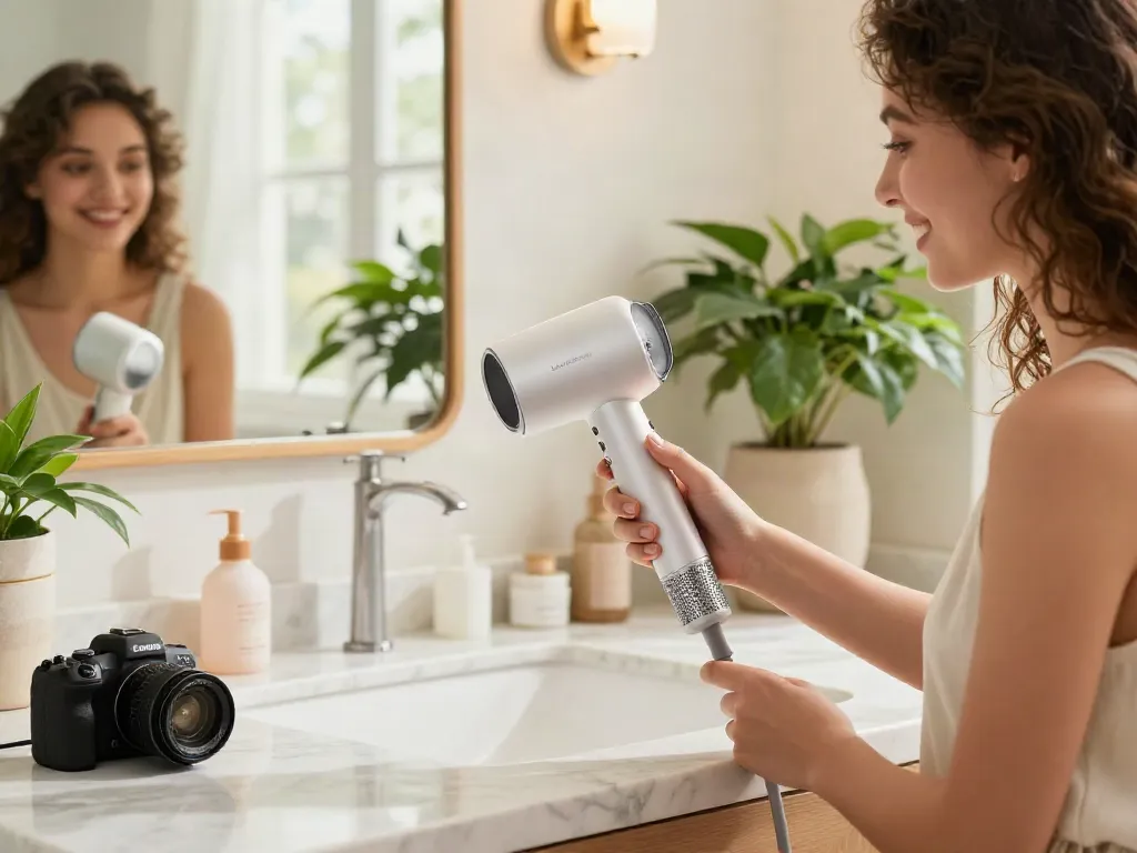 Laifen Air Pro Haartrockner gegen Frizz in einem stilvollen Badezimmer mit natürlichen Pflanzen.