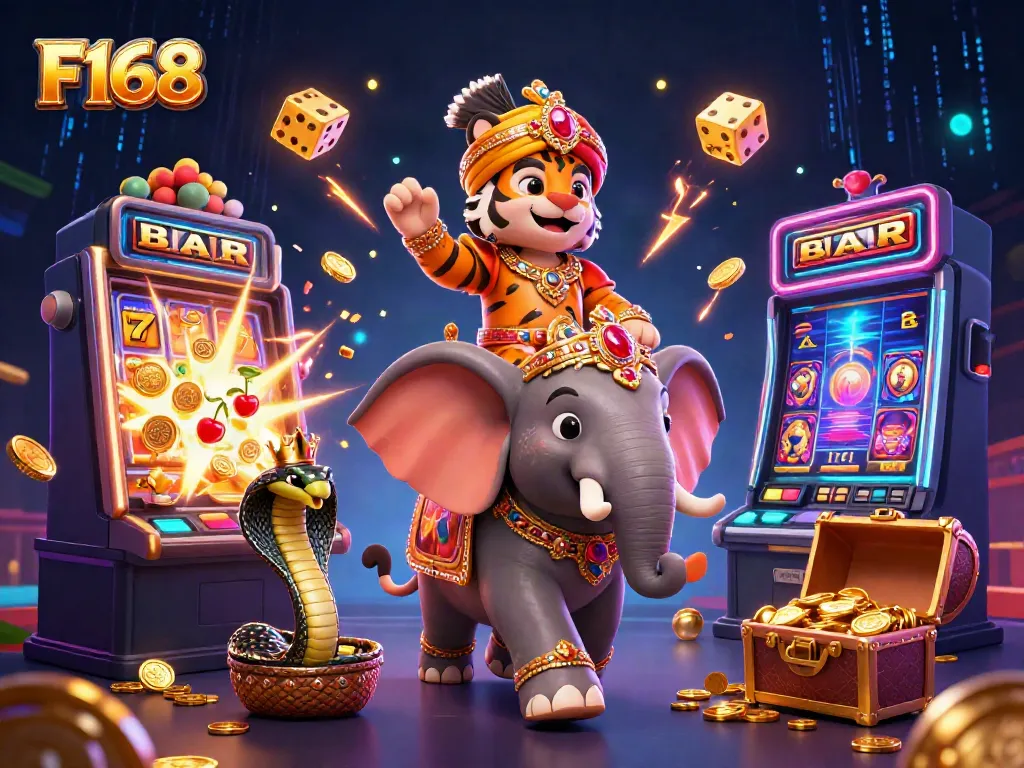 Experience the vibrant world of F168 with a colorful jackpot scene featuring a prize-winning tiger, elephant, and a treasure chest.