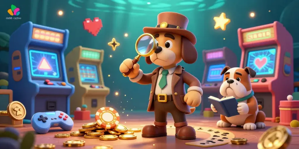 Experience exciting gambling at da88-casino with a vibrant 3D casino scene featuring clues and treasures.