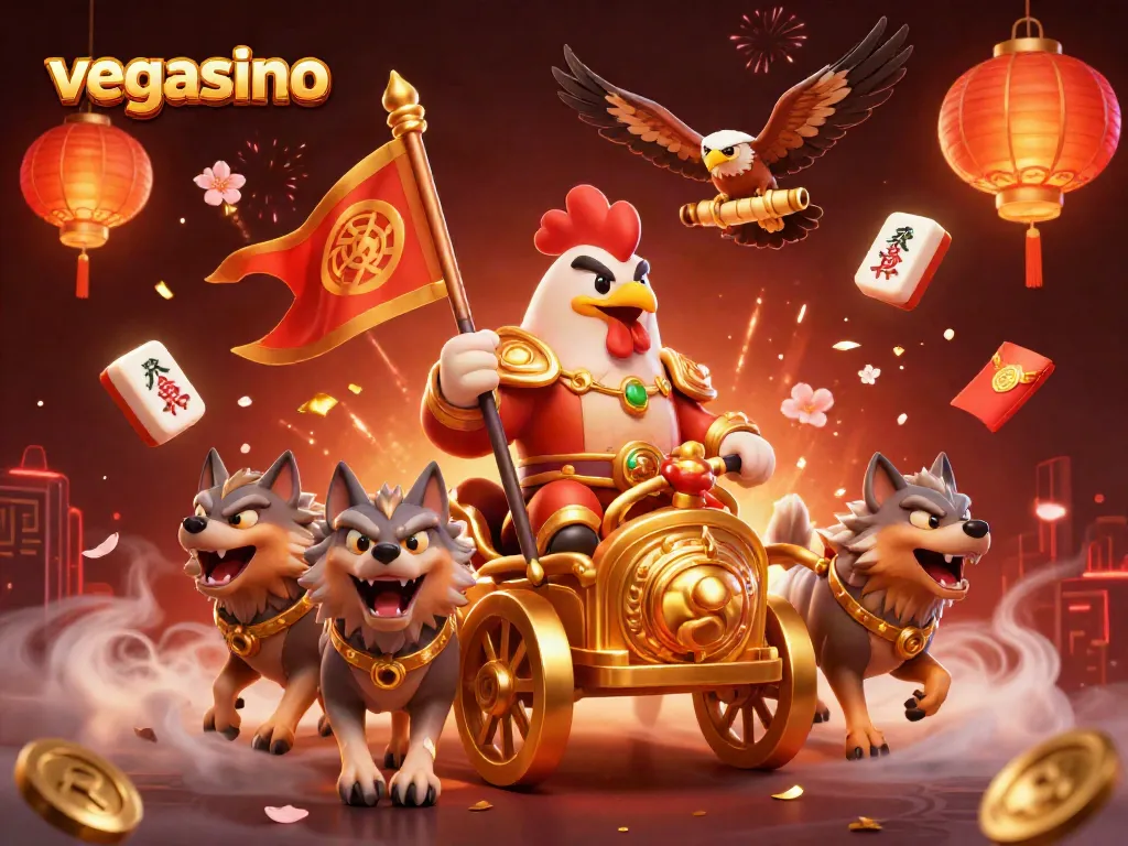 Experience thrilling gambling action at vegasino with a magical 3D illustration of a victorious rooster warlord