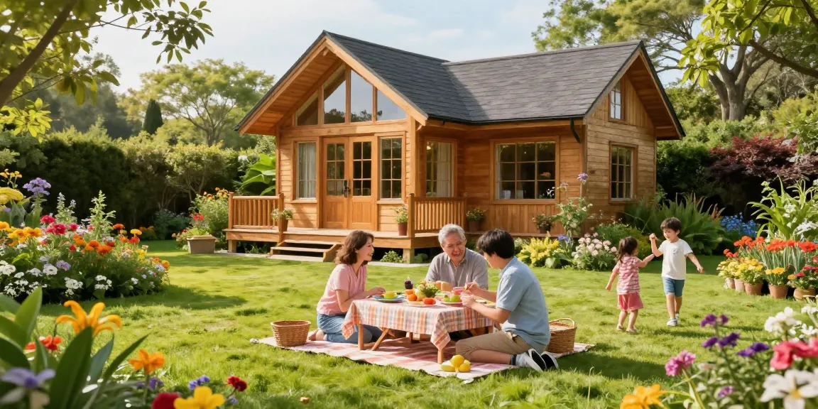 Garten Haus in einer malerischen Umgebung mit einer Familie, die ein Picknick im Freien genießt.