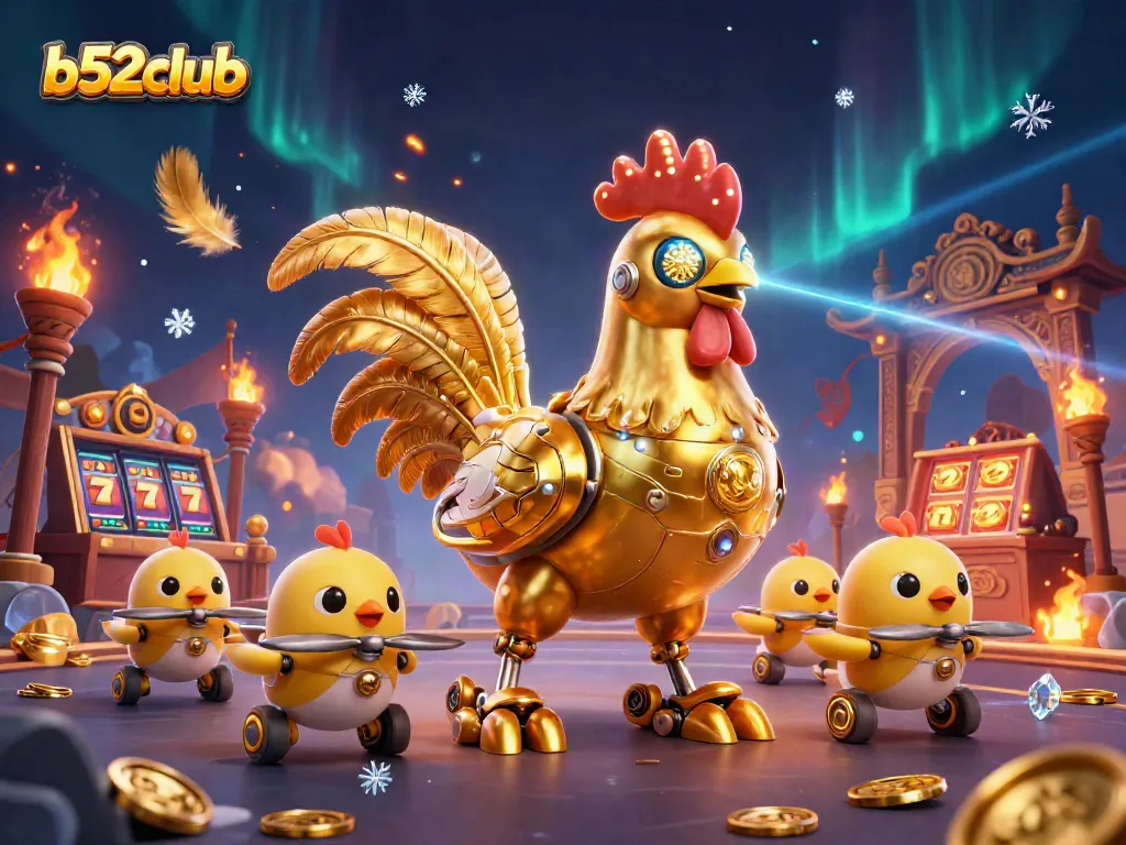 Engage in the vibrant action of b52club with golden rooster robot and baby chick drones in a thrilling casino scene.