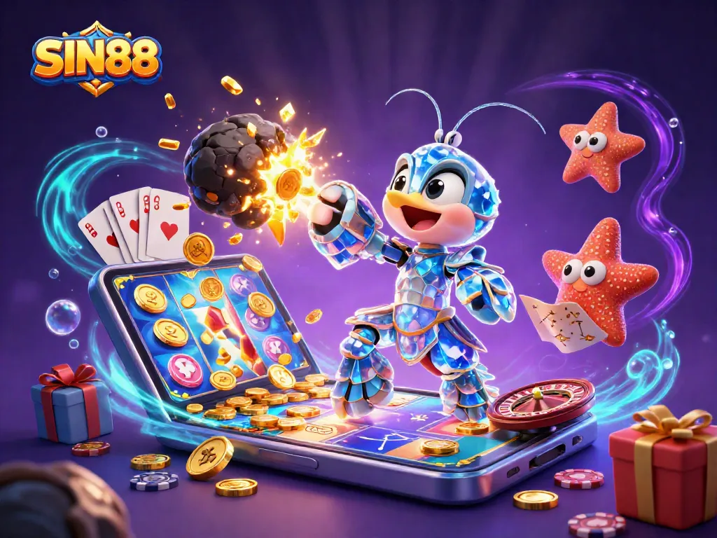 SIN88 brings excitement as a mantis shrimp explores a galaxy of slots and winning treasures.