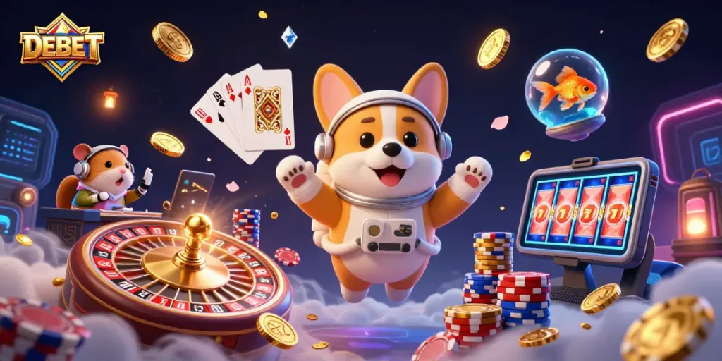 DEBET gameplay features a floating astronaut corgi and casino elements for thrilling online experiences.