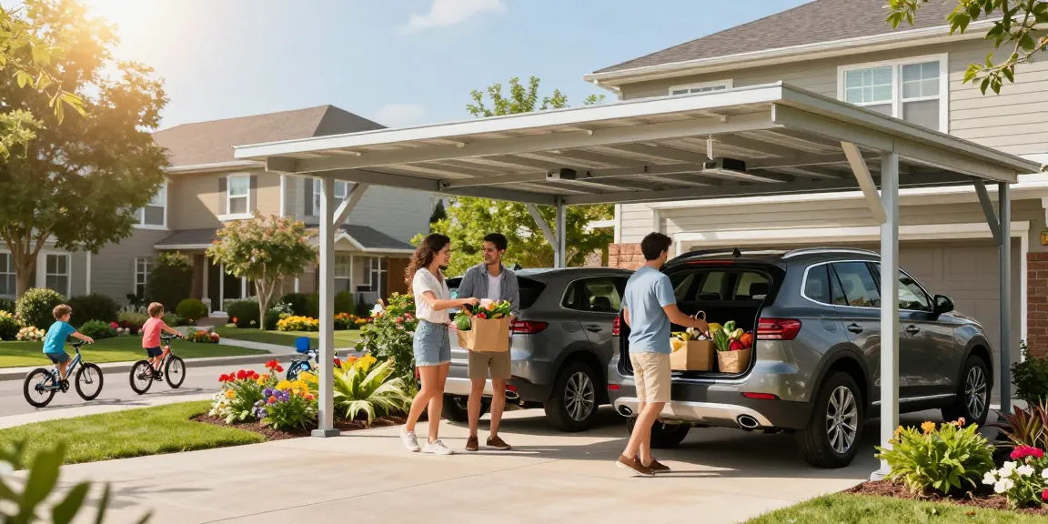 Moderne Carport-Konstruktion in der Vorstadt mit Familie, die Einkäufe aus dem SUV auslädt.