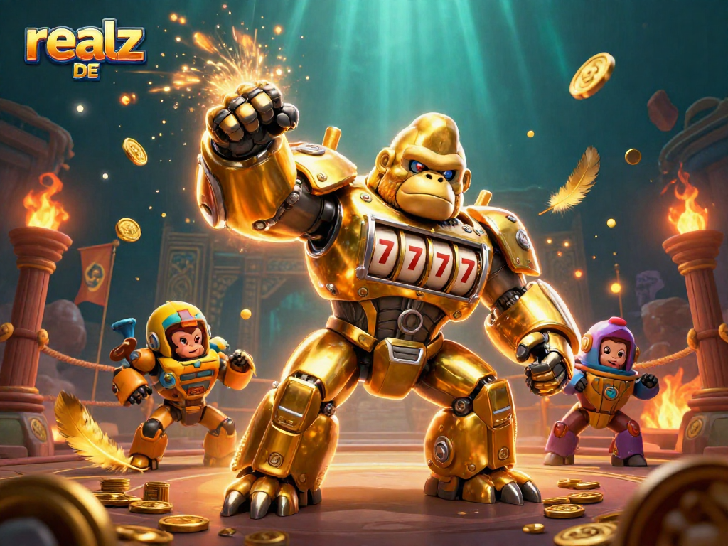 Spielen Sie Spielautomaten mit realz DE in einem dynamischen 3D-Casino-Szenario mit einem goldenen Gorilla-Mech
