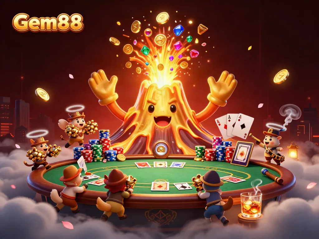 Experience Gem88's thrilling casino adventure as a volcano erupts with treasures surrounded by vibrant gaming elements.
