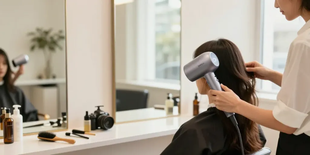 Professionelle Nutzung eines Haartrockners im Beauty-Salon mit natürlichem Licht.