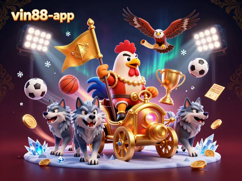 Win big with vin88-app as the cartoon rooster warlord leads the chariot of excitement in an action-packed gaming scene.