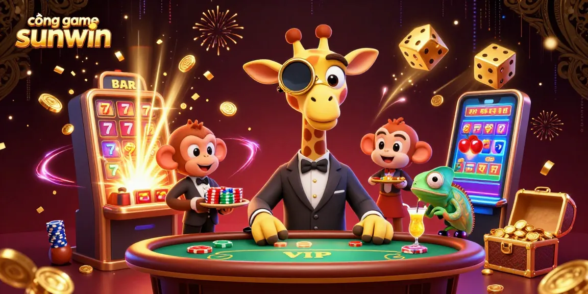 Cổng game sunwin showcases a vibrant casino scene featuring a high-roller giraffe and dynamic slot machine action.