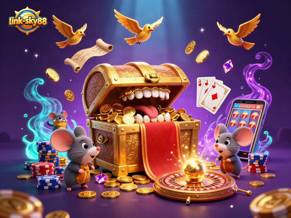 Engage with link-sky88's thrilling casino adventure, featuring a gold treasure chest amidst vibrant gaming elements.