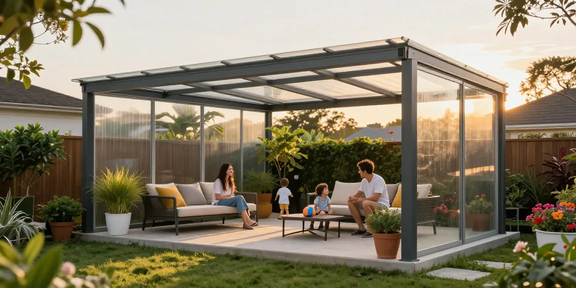 Modernes Terrassenüberdachung freistehend im Garten mit Familie bei Sonnenuntergang