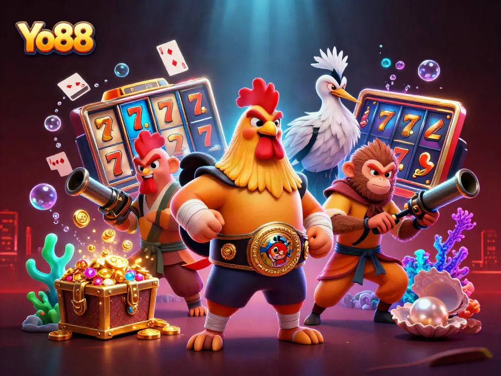 Engage in exciting gameplay with Yo88's vibrant characters amid a slot machine explosion of colorful treasures.