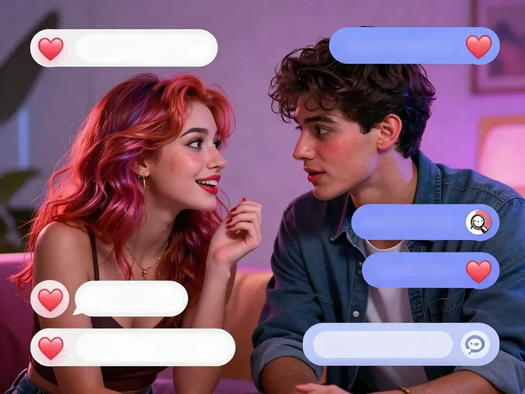 Engaging horny AI chat scene with vibrant characters showing flirty interactions.