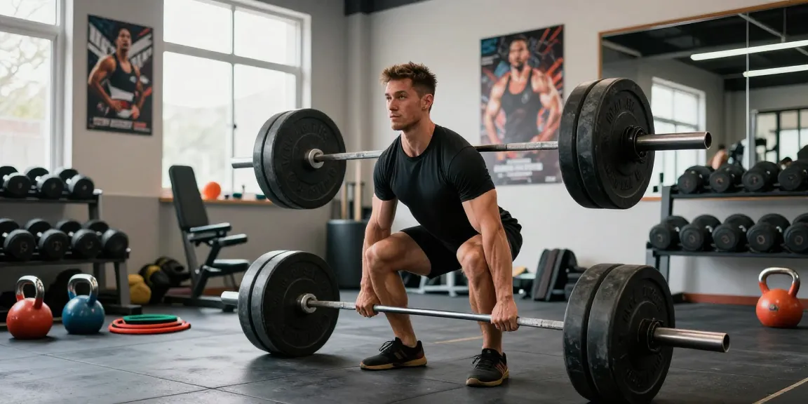 Bodybuilder beim Training im Steroidshop mit Gewichten und motivierender Atmosphäre