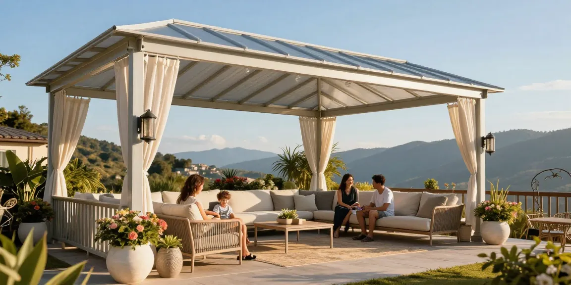 Familie genießt einen sonnigen Tag unter einer Terrassenüberdachung aus Aluminium in einer blühenden Umgebung.