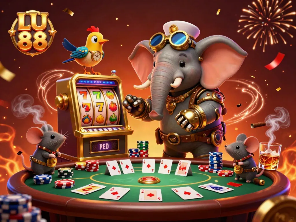 Engage with LU 88, where a steampunk elephant operates a golden slot machine amidst vibrant casino elements.
