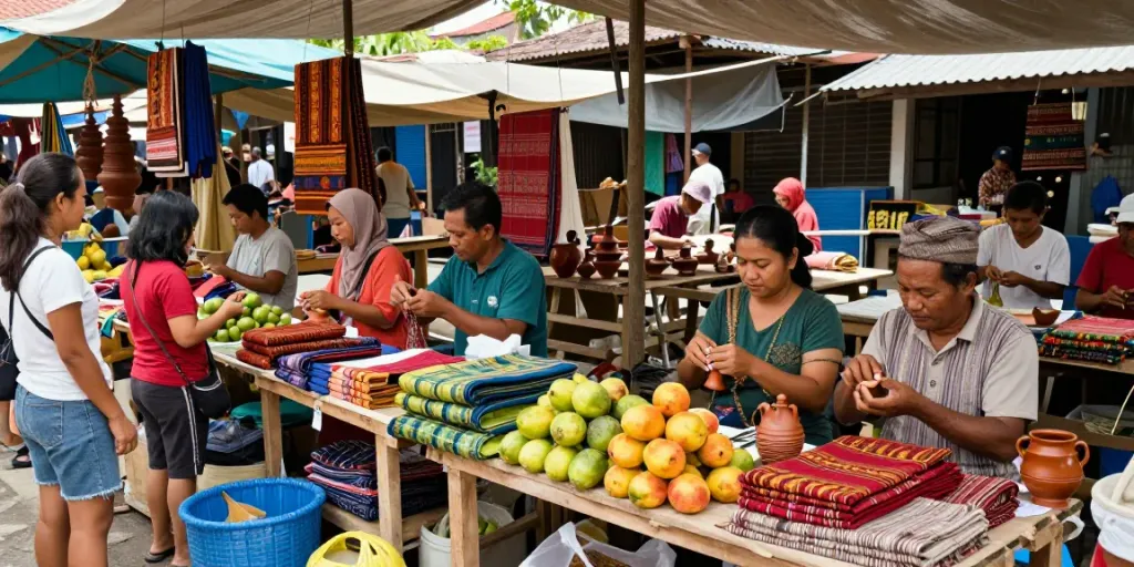 Supporting local Indonesian artisans at the vibrant marketplace, highlighting rokok88 login initiative for cultural appreciation.