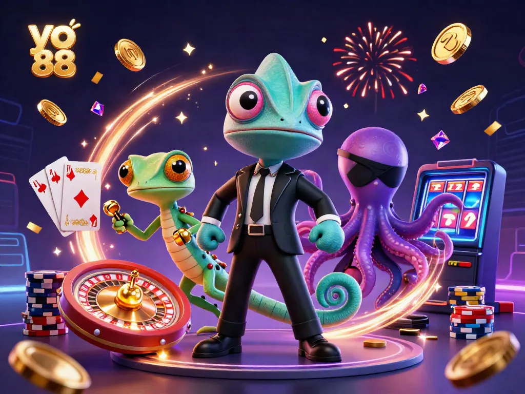 Experience the thrilling action of yo 88 with a colorful 3D casino illustration featuring vibrant characters and dynamic game elements.